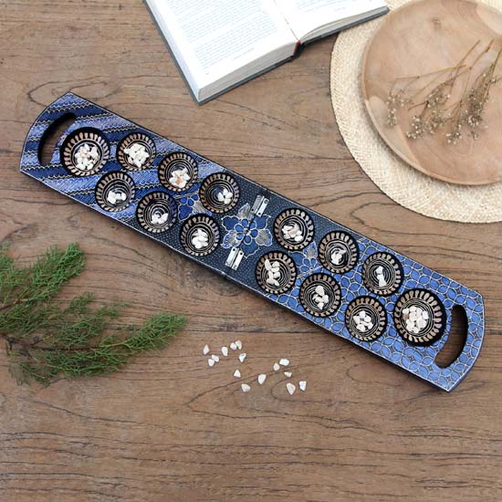 Blue batik wood mancala board game