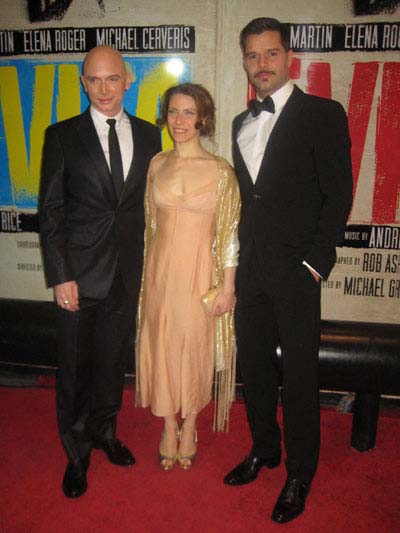 04-06-12 Cast members Michael Cerveris. Elena Roger. Ricky Martin at the opening night of "Evita" at the Marriott Marquis Hotel. 1535 Broadway. Thursday night 04-05-12