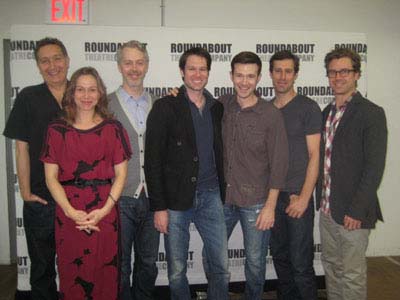 04-07-12 Cast members (L-R) Director Moises Kaufman. Kristen Bush. Tim McGeever. Kieran Campion. Jacob Fishel. Josh Cooke. Lucas Near-Verbrugghe at a photo op. for "The Common Pursuit" at the Roundabout Studios. 115 West 45th St. Friday morning. 04-06-12