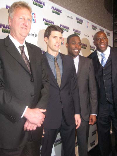 04-12-12 (L-R) Larry Bird. cast members Tug Coker. Kevin Daniels. Earvin "Magic" Johnson at the opening night party for "Magic/Bird" at the Edison Ballroom. 240 West 47rd St. Wednesday night. 04-11-12