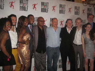 08-09-12 Cast members of "Bullet for Adolf" surround playwrights Woody Harrelson (L) and Frankie Hyman (center) at the opening night party at Hurleys's. 232 West 48th St. Wednesday night 08-08-12