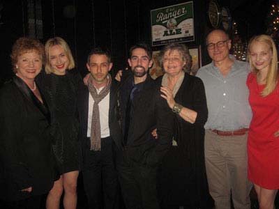 12-19-12 Cast members (L-R) Becky Ann Baker. Sarah Goldberg. Jeremy Strong. Keith Nobbs. Joyce Van Patten. Peter Friedman. Erin Wilhelmi at the opening night party for "The Great God Pan" at Heartland Brewery. 625 Eighth Ave. Tuesday night 12-12-12