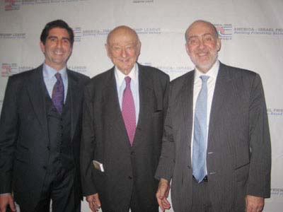 11-30-11 (L-R) Harley Lippman. President of America-Israel Friendship League. Former Mayor Ed Koch. Ron Prosor. Israel Ambassador to the United Nations at the 2011 Partners for Democracy Award Dinner at the Plaza New York. Fifth Avenue & Central Park South. Tuesday night 11-29-11