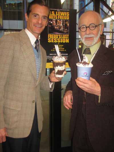 12-03-11 Cast members Mark H. Dold (L) and Martin Rayner of "Freud's Last Session" unveil Freud's Last Sundae at Tasti D-Lite. 1588 Broadway Friday afternoon 12-02-11