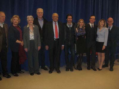 02-01-12 Cast members (L-R) Michael McKean. Candice Bergen. Angela Lansbury. John Larroquette. James Earl Jones. Eric McCormack. Kerry Butler. Jefferson Mays. Donna Hanover. director Michael Wilson at a press conference for "Gore Vidal's The Best Man" at New 42nd Street Studios. 229 West 42nd St. Wednesday morning 02-01-12