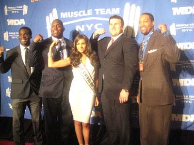 01-09-13 (L-R) Prince Amakamura (NY Giants). Kevin Boothe (NY Giants). Olivia Culpo. Miss Universe. Chris Snee (NY Giants). Michael Boley (NY Giants) at the 16th Annual Muscular Dystropy Association's (MDA) Muscle Team Gala & Benefit Auction at Chelsea Piers. Pier 90. Hudson River & 23rdSt. Tuesday night 01-08-13