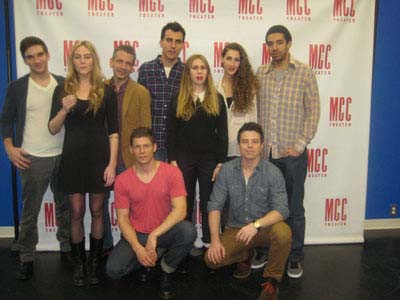 01-11-13 (L-R) Cast members Evan Jonigkeit. Aleque Reid. director David Cromer. playwright Paul Downs Colaizzo. Zosia Mamet. Lauren Culpepper. Kobi Libii (in front) Matt Lauria. David Hull at a press conference for "Really Really". Telsey & Co. Studio.311 West 43rd St. Thursday morning 01-10-13