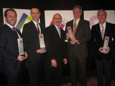 01-10-12 Honorees Zak Kunish. Jordan Roth. Briggs Inc. President Anthony Napoli. Bruce Schiemo. David Bouley received the 10th Annual June Briggs Awards at the Mandarin Oriental. 80 Columbus Circle. Monday night 01-09-12