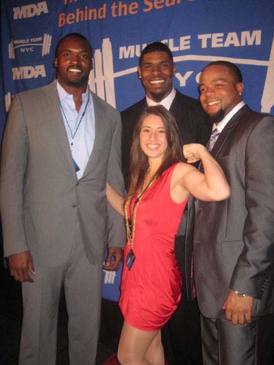 01-04-12 (L-R) NY Giants Mathias Kiwanuka. Ramses Barden. Da'rel Scott (in front) Jockey Maylan Studart at the Muscular Dystrophy Association's (MDA) 15th Annual Muscle Team Gala & Benefit Auction at Pier 90. Chelsea Piers. Hudson River & 23rd St. Tuesday night 01-03-12