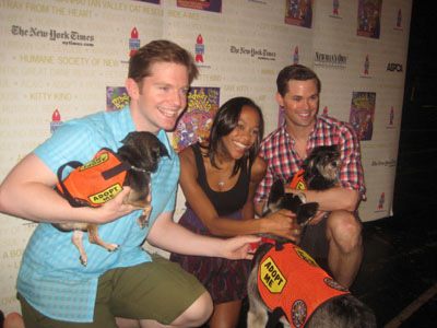 07-10-11 (L-R) Rory O'Malley. Nikki M. James. Andrew Rannells and three dogs at Broadway Barks Lucky 13 Annual adopt-a-thon at the Bernard Jacobs Theatre. 242 West 45th St. Sunday afternoon 07-09-11