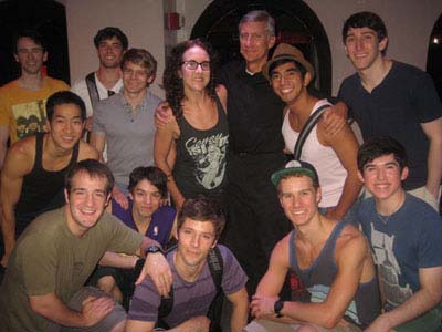 07-26-12 Cast members of "Newsies" surround Jenn Harris and David Garrison (center) the stars of "Silence! The Musical" at the opening of the Elektra Theatre. 669 Eighth Ave. Wednesday evening 07-25-12 