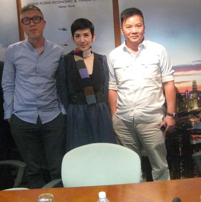 06-28-14 (L-R) Director/screenwriter Felix Chong "Overheard 3". Sandra Ng "Golden Chicken". director AlanMak "Overheard 3" at a press conference for the 2014 New York Asian Film Festival at the Hong Kong Economic & Trade Office. 115 East 54th St. Friday afternoon. 06-27-14.  Photo by:  Aubrey Reuben