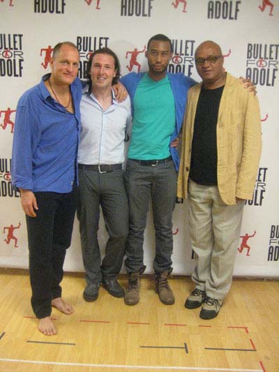 06-27-12 Cast members (L-R) Director/Playwright Woody Harrelson. Brandon Coffey. Tyler Jacob Rollinson. playwright Frankie Hyman at a photo op. for "Bullet for Adolf" at Snapple Theater Center. 1627 Broadway. Tuesday afternoon 06-26-12