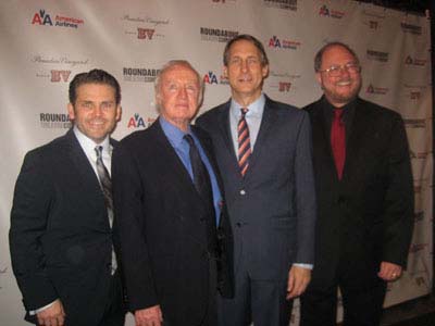 11-14-12 Cast members (L-R) Robert Creighton. Jim Norton. Cregg Edelman. book. music and lyrics Rupert Holmes at the opening night for "The Mystery of Edwin Drood" at Studio 54. 254 West 54th St. Tuesday night 11-13-12