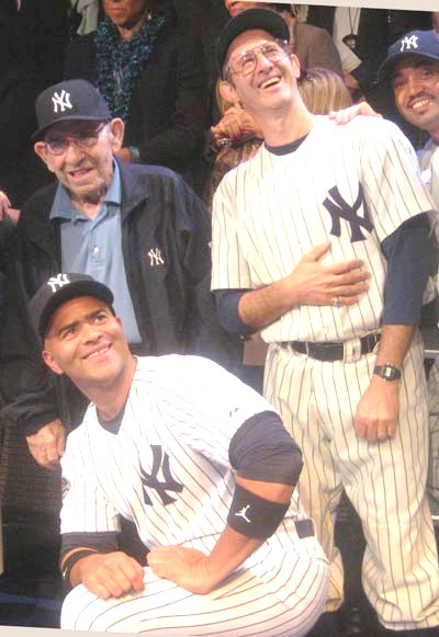 10-09-13 (L-R) (Standing) Legendary former New York Yankee Yogi Berra. cast members Richard Topol who plays Yogi. kneeling Christopher Jackson at the opening night for "Bronx Bombers" at The Duke on West 42nd St. Tuesday night 10-08-13.  photo by: Aubrey Reuben