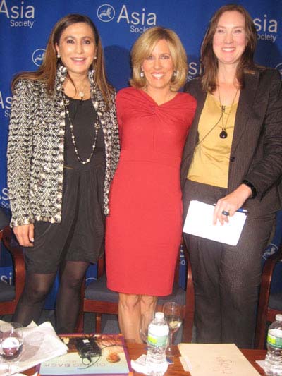 10-19-12 (L-R) Meera Gandhi. Alisyn Camerota. Donzelina A. Barroso at the launch of the book "Giving Back" by Meera Gandhi after a panel discussion by the three ladies about philantrophy in the East and the West at the Asia Society and Museum. 725 Park Avenue. Thursday night 10-18-12