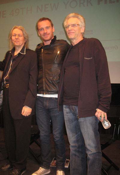 10-05-11 (L-R) Screenwriter Christopher Hampton. Michael Fassbender. director David Cronenberg at a Q & A after the screening of "A Dangerous Method" at the 