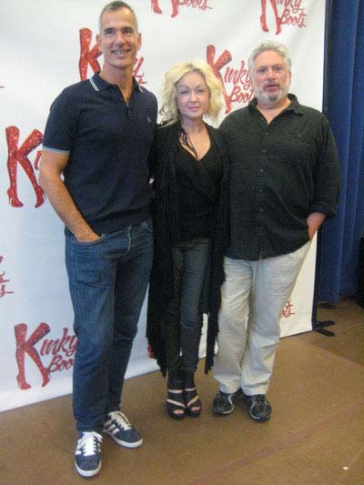 09-14-12 Cast members (L-R) Director/choreographer Jerry Mitchell. composer Cyndi Lauper. book Harvey Fierstein at a photo op. "Kinky Boots" at New 42nd Street Sudios..229 West 42nd St. Friday morning. 09-14-12