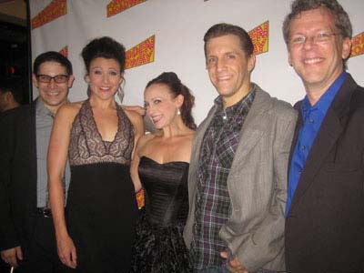 09-07-12 Cast members (L-R) Natalie Charle Ellis. director Gerard Alessandrini. Jenny Lee Stern. Scott Richard Foster at the opening night party of "Forbidden Broadway: Alive & Kicking" at Vice Versa restaurant. 325 West 51st St. Thursday night. 09-06-12