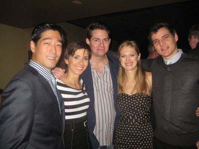 12-08-11 Cast members (L-R) Peter Kim. Jeanine Serralles. Trent Dawson. Marin Ireland. Pedro Pascal at the opening night party for "Maple and Vine" at the West Bank Cafe. 407 West 42nd St. Wednesday night 12-07-11