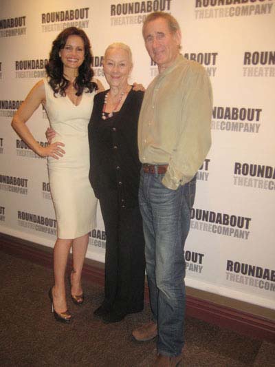 12-08-11 Cast member Carla Gugino. Rosemary Harris. Jim Dale at a photo op. for "The Road to Mecca' at the American Airlines Theatre. 227 West 42nd St. Wednesday morning 12-07-11