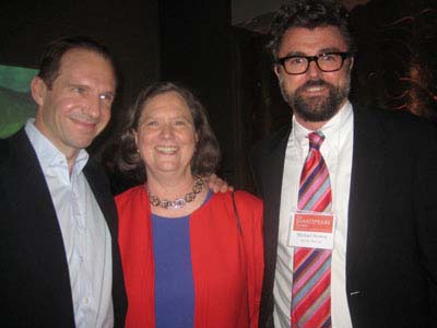 12-10-11 (L-R) Ralph Fiennes. who received the Shakespeare Society Medal. President K. Ann McDonald. Artistic Director Michael Sexton at the Rubin Museum of Art. 150 West 17th St. Friday night 12-09-11