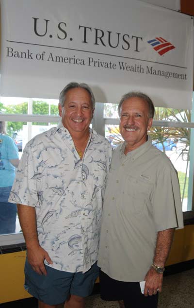 John Domenico, senior vice president, U.S. Trust, with Greg Leach, president of Hospice of Palm Beach County Foundation at the Captains Reception for the 12th Annual Horizons Fishing Tournament. Each year, anglers enjoy a weekend of activities while supporting childrens bereavement services provided by Hospice of Palm Beach County