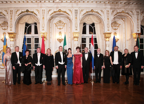 International Red Cross Ball Chairman Michele Kessler; Ambassador Stuart Bernstein; Ambassador to Liechtenstein Claudia Fritsche; Ambassador of Monaco Gilles Noghes; Ellen Noghes; Ambassador to Mexico Arturo Sarukhan Casamitjana; Veronica Ross; Ambassador of the Netherlands Renee Jones-Bos; Dr. Richard Jones-Bos; Ambassador of Barbados John Beale; Leile Beale; Ambassador to South Africia Ebrahim Rasool; Rosieda Shabodien; Ambassador to Hungray Gyorgy Szapary