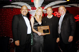 Phillip Morrow (SoBRO President) Emcee Monica Morales (WNBC TV), Jean Smith (Former Board Chairman) & Simon Bergson (CEO Manhattan Beer Distributors & Current SoBRO Chairman) 