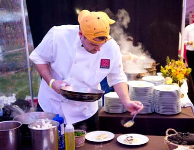 Bryan Gilmour from 121 Restaurant and Bar in North Salem, NY, cooks up egg ravioli at the 2011 Greenwich Food+Wine Festival.  