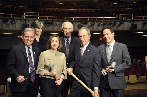 Jimmy Van Bramer, New York City Council Member, Kate D. Levin, New York City Department of Cultural Affairs Commissioner, Arlene Shuler, City Center President and CEO, Raymond A. Lamontagne, City Center Chairman, Mayor Michael R. Bloomberg, Daniel R. Garodnick, New York City Council Member at the New York City Center Demolition Party