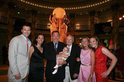 Four generations of the Haaga family pose in the Haaga Family Rotunda inside the NHM 1913 Building (L-R) Paul Haaga III, Catalina Haaga, Paul Haaga, Sienna Haaga, Daniel Sturt, Heather Haaga and Blythe Haaga pose during the "Mingle With The Mammals" VIP reception to open the Age of Mammals exhibition inside the Natural History Museum's newly restored 1913 Building on July 7, 2010 in Los Angeles, California