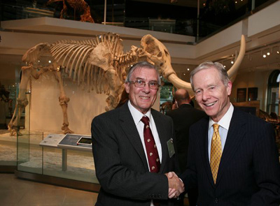  World famous paleontologist, NHM Age of Mammals Lead Curator Dr. John Harris (L) and former Governor Pete Wilson (R) pose during the "Mingle With The Mammals" VIP reception to open the Age of Mammals exhibition inside the Natural History Museum's newly restored 1913 Building on July 7, 2010 in Los Angeles, California. (Photo by Ryan Miller/Capture Imaging)