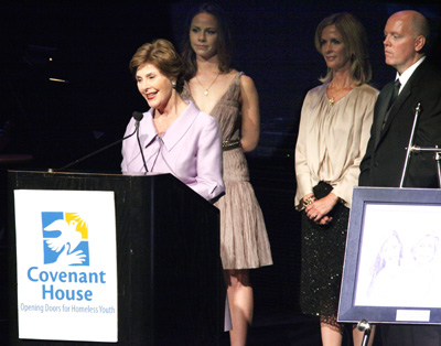 Former First Lady Laura Bush speaks after accepting the Covenant House  Beacon of Hope Award, in honor of her commitment to homeless youth, as  her daughter Barbara Bush, Covenant House Chairperson Priscilla 'Bo'  Marconi, and Covenant House President Kevin Ryan look on, at the  International Night of Broadway Stars Gala Concert, at Jazz at Lincoln  Center, New York, Thursday, June 3, 2010. Covenant House cares for  over 67,000 homeless youth worldwide each year