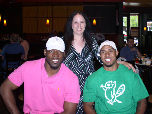 National Football League stars Justin Tuck, defensive end for the NY Giants and Ryan Grant running back for the Green Bay Packers, with IES Brain Research Foundation's President & Founder Faye Simon Harac