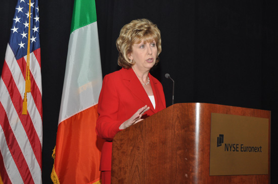 Irish President Mary McAleese speaks to local business leaders at the New York Stock Exchange on May 21