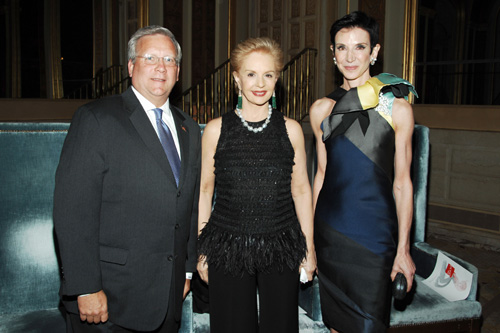 Fashion Designer Carolina Herrera prepares to receive the POSH Fashion Visionary award from Lighthouse International President and CEO Mark G. Ackermann and Gala Fashion Host Amy Fine Collins during Lighthouse Internationals kickoff to the POSH Fashion Sale, A POSH Affair on Tuesday, May 11th at the Plaza Hotel