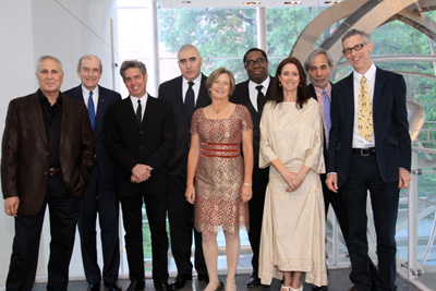 Award presenter John Corigliano, TFANA Board president Theodore C. Rogers, Scripps Honoree Elliot Goldenthal, Master of Ceremonies Alfred Molina, Gala Chair Monica G-S. Wambold, Guest performer Eric Owens, Scripps Honoree Julie Taymor, TFANA Artistic Director and Founder Jeffrey Horowitz, and Award presenter Jonathan Bate