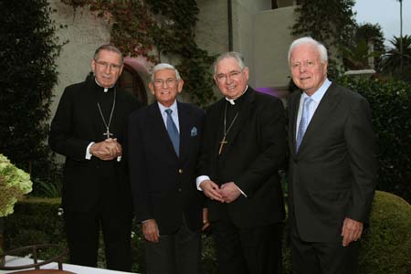 Former Los Angeles Mayor Richard Riordan announced a "$100 Million Legacy Campaign" for the Los Angeles-based California Education Foundation (CEF) on Friday, Sept. 16, 2011.  From left:  Founding CEF Chairman Cardinal Roger M. Mahony, Eli Broad, Archbishop Jose H. Gomez and Richard Riordon, former Los Angeles mayor and founding president of CEF. Catholic Education Foundation, Photo by Bonnie Burrow.  All Rights Reserved