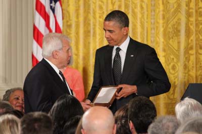 Former Foreign Minister of Poland and Holocaust survivor Adam Daniel Rotfeld receives the Presidential Medal of Freedom awarded posthumously to Jan Karski by U.S. President Barack Obama on May 29, 2012 in 