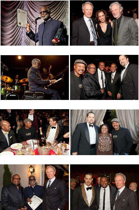 Clockwise from top left: Ahmad Jamal, accepting his awards; Clint Eastwood, Kamala Harris and Philip Kaufman; Robert Townsend, Willie Brown, Chris Tucker, San Francisco NAACP President Reverend Amos Brown and Benjamin Jealous; Jealous, Felice Swapp and Townsend; Robert Mailer Anderson, Tucker and Eastwood; Brown, Jamal and Eastwood; SFJAZZ Collective drummer Eric Harland, Townsend and Anderson; Ahmad Jamal in performance.