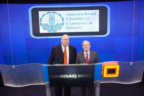  At Nasdaq openingleft, Moshe Steinberg, Chariman of the the America-Israel Chamber of Commerce ; on right Izzy Tapoohi, President  and CEO Israel Bonds. Photo  by:  Zef Nikolla, Nasdaq 