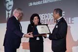 Dr. Jean Clos, UN Under-Secretary-General and Executive Director of UN-Habitat, and Mrs. Nazek Rafik Hariri, President of the Rafik Hariri Foundation, honor former Malaysian Prime Minister Dr. Mahathir Bin Mohamad with the Rafik Hariri UN-Habitat Memorial Award. Photo by: Tanya Malott