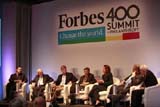 Randall Lane (Editor, Forbes) as panel moderator; panelists Warren Buffett, Steve Case, Bill Gates, Melinda Gates, Leon Black, David Rubenstein. Photo Credit: Glen Davis