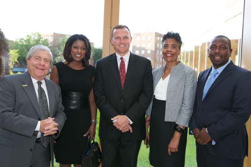 Brooklyn Borough President Marty Markowitz (honoree), WABC-TV Anchor Lori Stokes (emcee), National Grid President for New York Ken Daly (honoree), Executive Director of the Weeksville Heritage Center Pamela Green, Vice President, Associate General Counsel for JetBlue Airways Brandon Nelson (honoree).  Photo by:  Julie Skarratt Photography