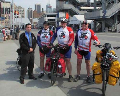 HITTING THE ROAD: David Winters, President of the Intrepid Fallen Heroes Fund, with You Matter Bike Tour Riders Ken Carr, Bryan Howard and Steve Redmond, at the Intrepid Museum before setting off on their cross-country trek.