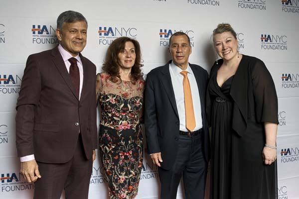 Vijay Dandapani, President and CEO, Hotel Association of New York City, and event co-chair; Mary Paterson; former NYS Governor David Paterson; Heather Davis, Chair, Hotel Association of New York City Foundation, and event co-chair 