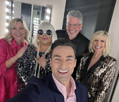 TV personality Scott Nevins ( foreground) with Holly Foster-Wells (Peggy Lee grand daughter), Chuck Sweeney (Peggy Lee impersonator),Michael Orland (pianist), and Debby Boone (vocalist)