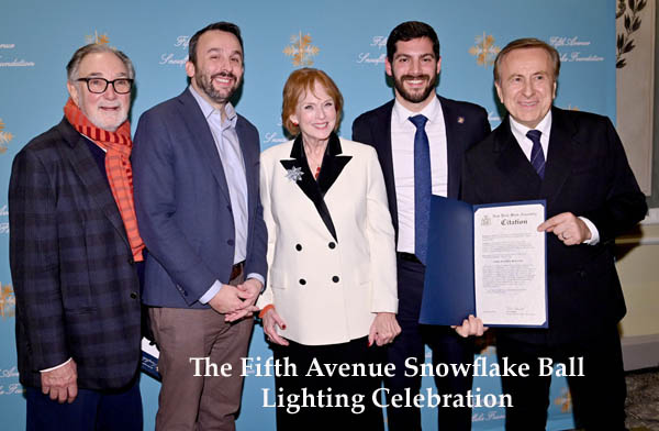 Bob Grimes, Keith Powers, Christine Stonbely, Alex Bores and Daniel Boulud,  (Photo by Bryan Bedder/Getty Images for Fifth Avenue Snowflake Foundation) 