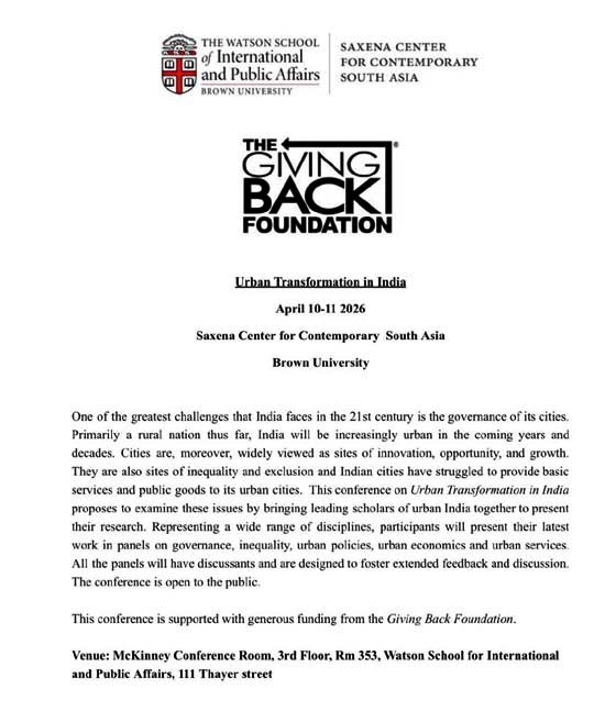Meera Gandhi Brown University, Urban Transformation in India , the giving back foundation